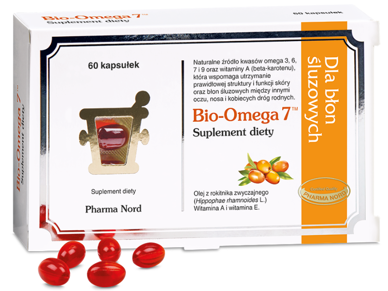 Zdjęcie przedstawia suplement diety Bio-Omega 7, kapsułki.