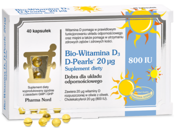 Zdjęcie przedstawia suplement diety Bio Witamina D3 D-Pearls, kapsułki, 20 µg.