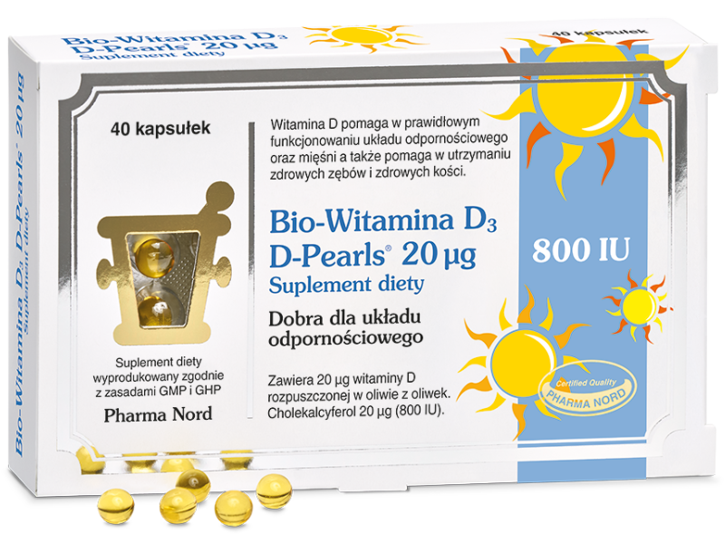 Zdjęcie przedstawia suplement diety Bio Witamina D3 D-Pearls, kapsułki, 20 µg.