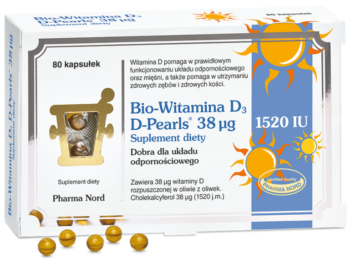 Zdjęcie przedstawia suplement diety Bio-Witamina D3 D-Pearls, kapsułki, 38 µg.