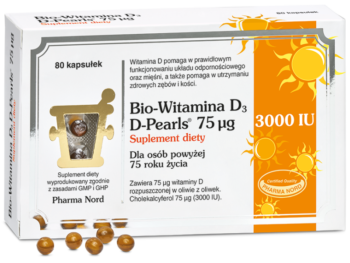Zdjęcie przedstawia suplement diety Bio-Witamina D3 D-Pearls, kapsułki, 75 µg.