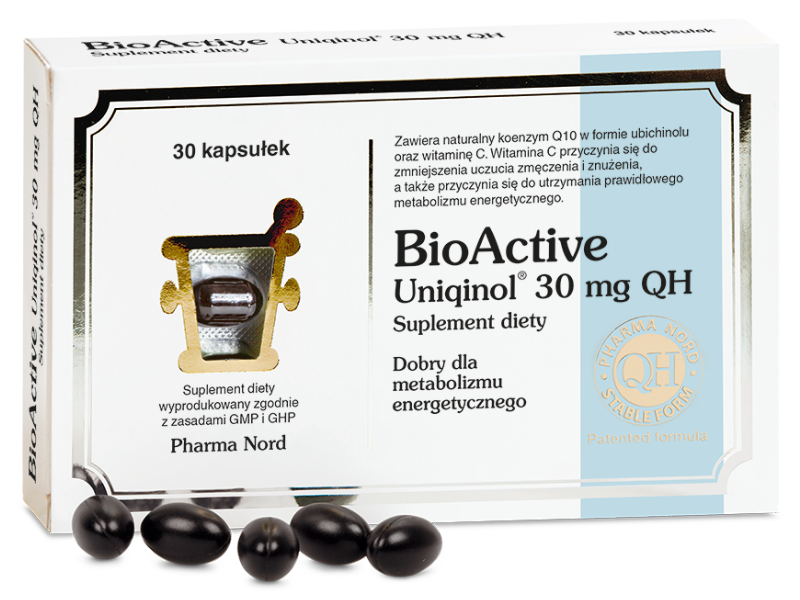 Zdjęcie przedstawia suplement diety BioActive Q10 Uniqinol QH, kapsułki, 30 mg.