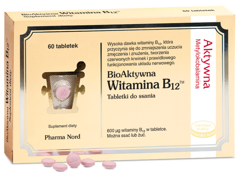 Zdjęcie przedstawia suplement diety Bioaktywna Witamina B12, tabletki do ssania 600 µg.
