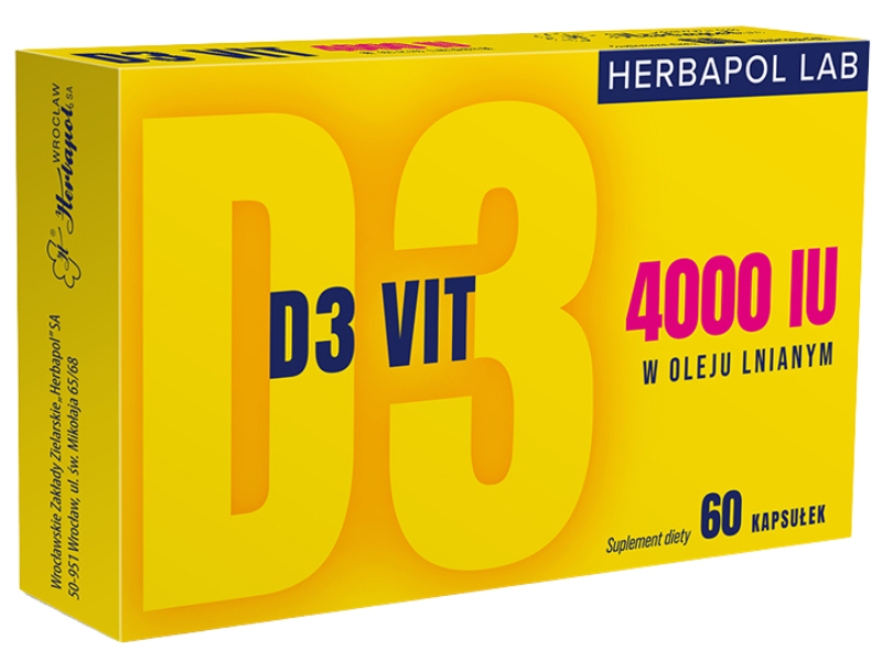 Zdjęcie przedstawia suplement diety D3 Vit 4000 IU Herbapol Lab, kapsułki miękkie.