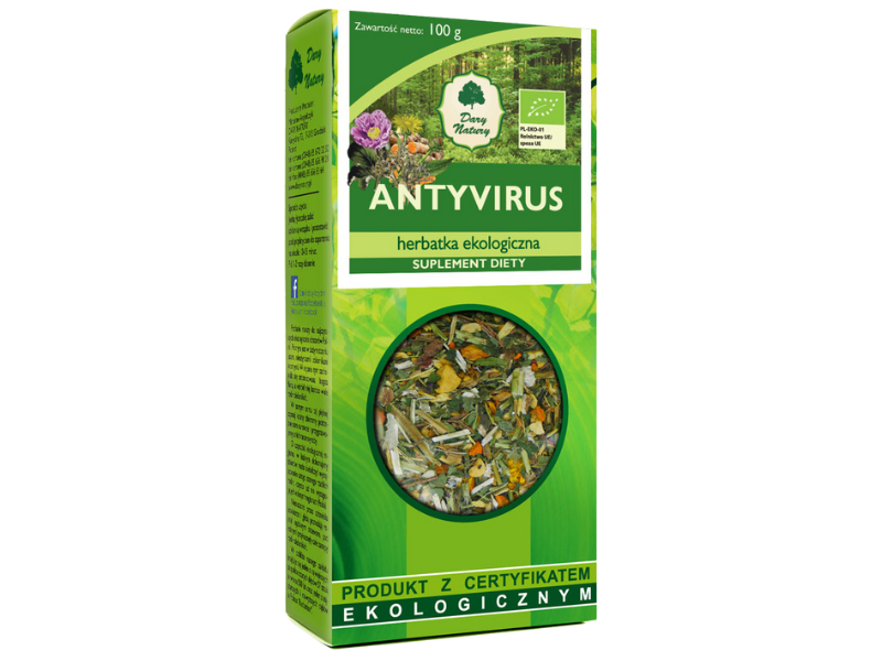Zdjęcie przedstawia suplement diety Dary Natury Antyvirus, herbatka do zaparzania.