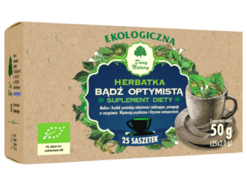 Zdjęcie przedstawia suplement diety Dary Natury Bądź Optymistą, herbatka do zaparzania.