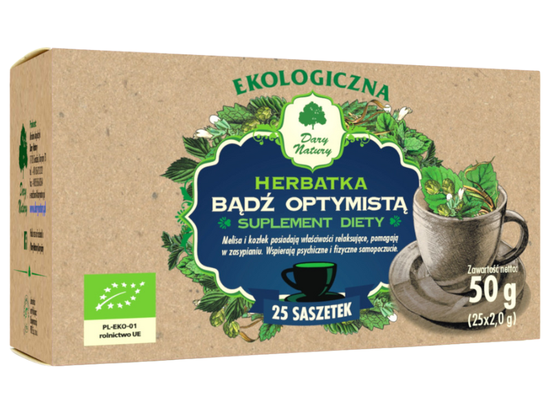 Zdjęcie przedstawia suplement diety Dary Natury Bądź Optymistą, herbatka do zaparzania.