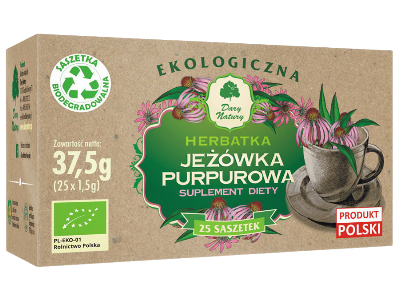 Zdjęcie przedstawia suplement diety Dary Natury Jeżówka Purpurowa, herbatka do zaparzania.