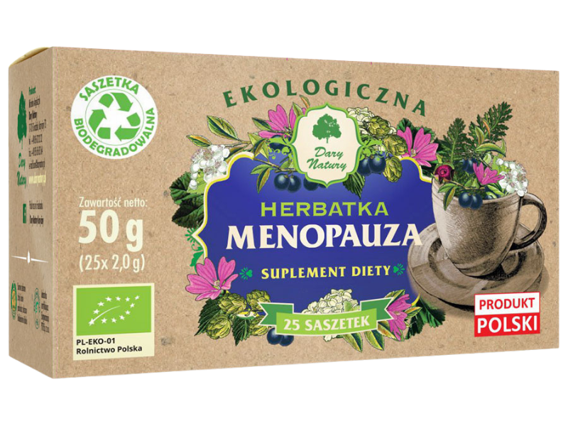 Zdjęcie przedstawia suplement diety Dary Natury Menopauza, herbatka do zaparzania.
