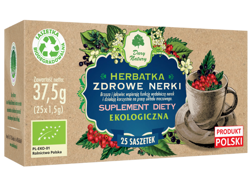 Zdjęcie przedstawia suplement diety Dary Natury Zdrowe Nerki, herbatka do zaparzania.