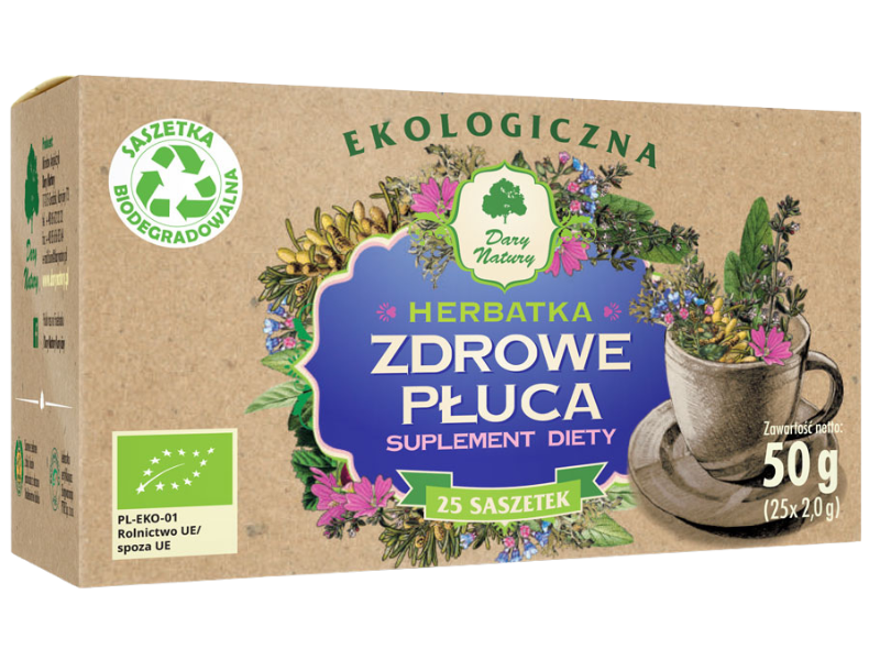 Zdjęcie przedstawia suplement diety Dary Natury Zdrowe Płuca, herbatka do zaparzania.
