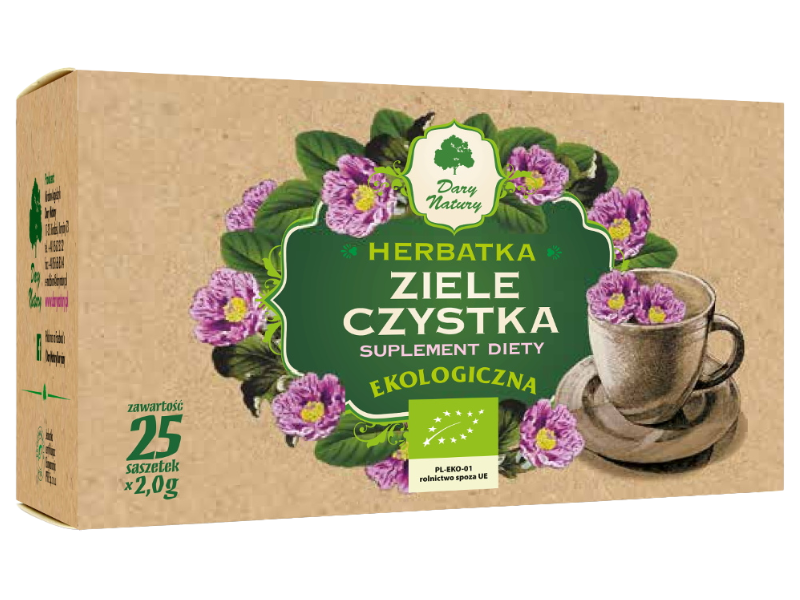 Zdjęcie przedstawia suplement diety Dary Natury Ziele Czystka, herbatka do zaparzania.