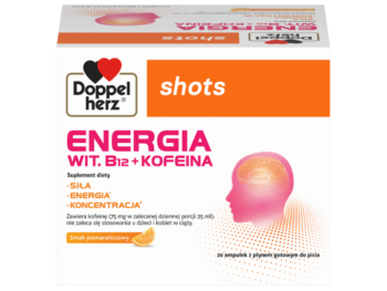 Zdjęcie przedstawia suplement diety Doppelherz shots Energia Wit. B12 + Kofeina, płyn do picia.