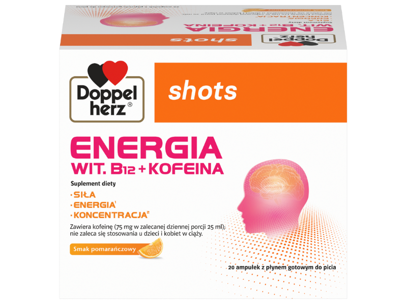 Zdjęcie przedstawia suplement diety Doppelherz shots Energia Wit. B12 + Kofeina, płyn do picia.