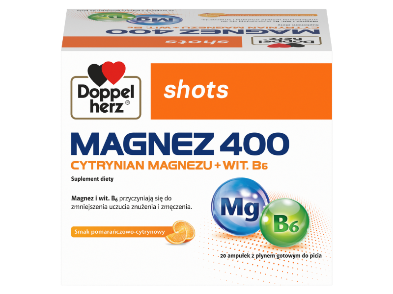 Zdjęcie przedstawia suplement diety Doppelherz shots Magnez 400 Cytrynia magnezu + Wit. B6, płyn do picia.