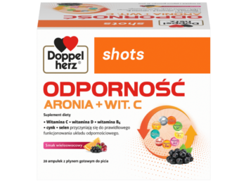 Zdjęcie przedstawia suplement diety Doppelherz shots Odporność Aronia + Wit. C, płyn do picia.