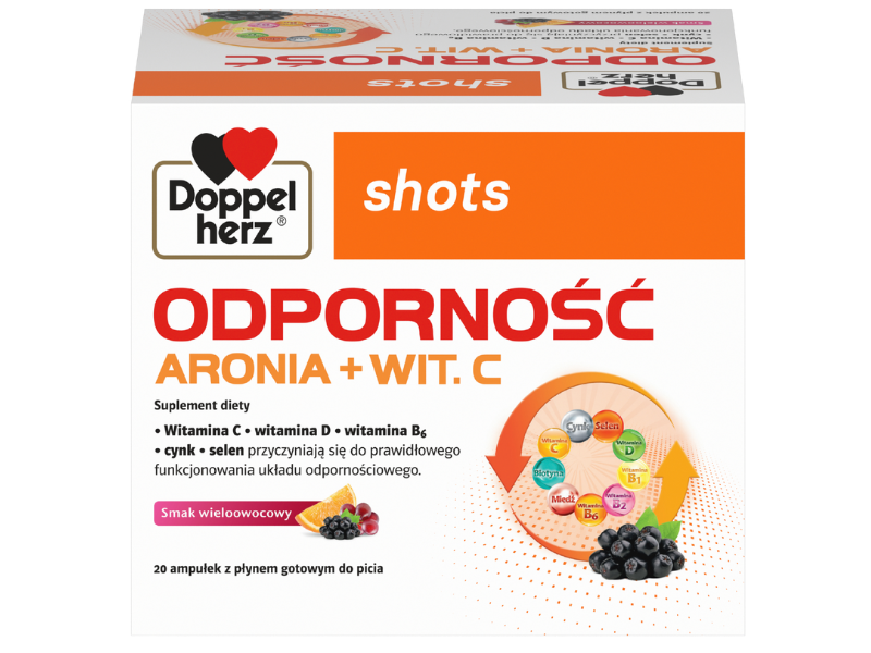 Zdjęcie przedstawia suplement diety Doppelherz shots Odporność Aronia + Wit. C, płyn do picia.