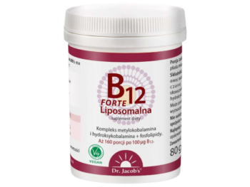 Zdjęcie przedstawia suplement diety Dr Jacob's B12 Liposomalna Forte, proszek.