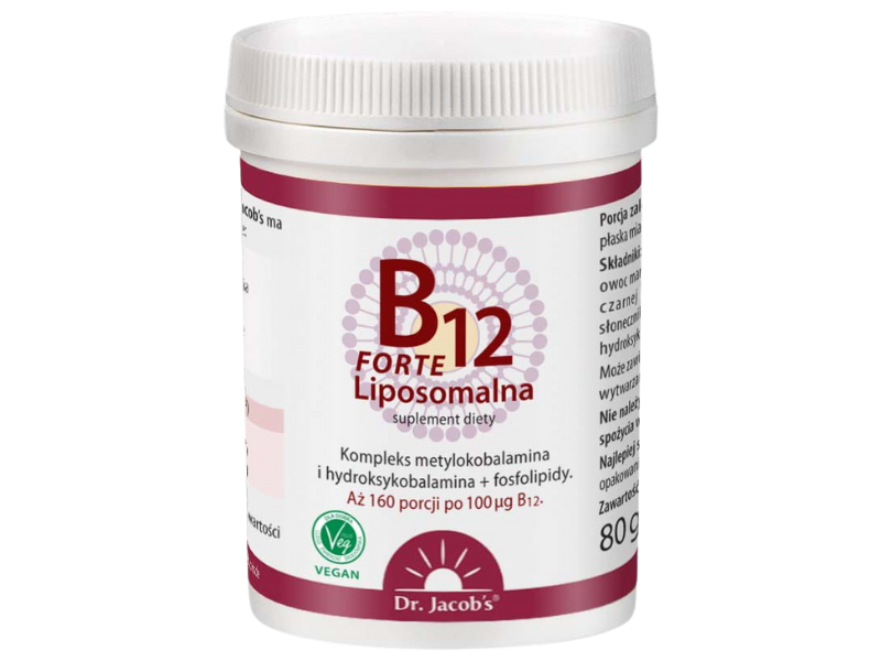 Zdjęcie przedstawia suplement diety Dr Jacob's B12 Liposomalna Forte, proszek.