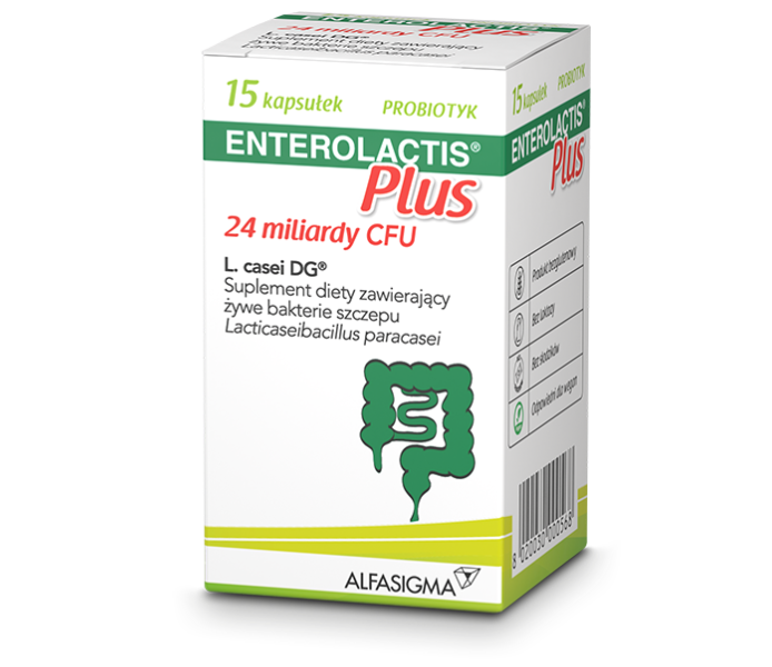 Zdjęcie przedstawia suplement diety ENTEROLACTIS Plus, kapsułki.