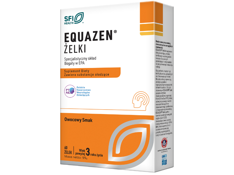 Zdjęcie przedstawia suplement diety Equazen o smaku owocowym, żelki.