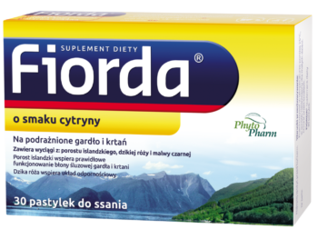Zdjęcie przedstawia suplement diety Fiorda o smaku cytrynowym, pastylki do ssania.