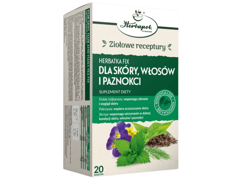 Zdjęcie przedstawia suplement diety Herbapol Kraków Herbatka Fix dla skóry, włosów i paznokci, zioła do zaparzania.