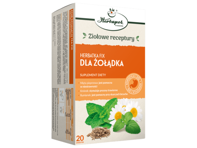 Zdjęcie przedstawia suplement diety Herbapol Kraków Herbatka Fix dla żołądka, zioła do zaparzania.