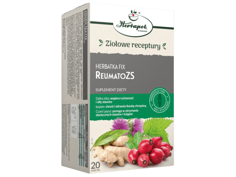 Zdjęcie przedstawia suplement diety Herbapol Kraków Herbatka Fix reumatozs, zioła do zaparzania.