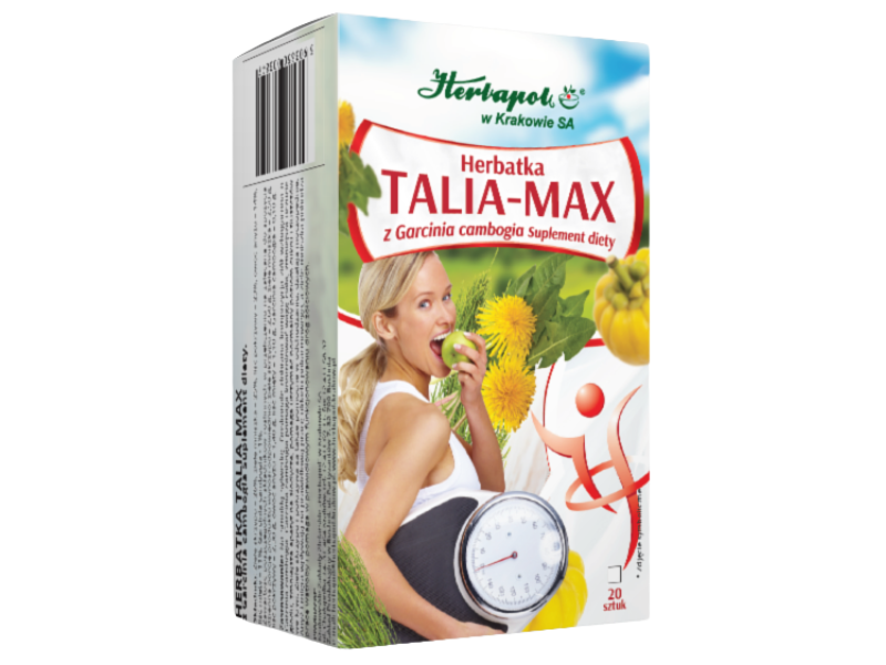 Zdjęcie przedstawia suplement diety Herbapol Kraków Herbatka Talia-Max z Garcinia cambogia, zioła do zaparzania.