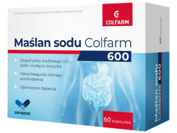 Zdjęcie przedstawia żywność specjalnego przeznaczenia medycznego Maślan sodu 600 Colfarm, kapsułki twarde.