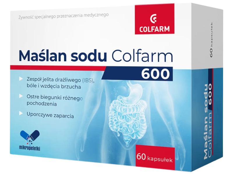 Zdjęcie przedstawia żywność specjalnego przeznaczenia medycznego Maślan sodu 600 Colfarm, kapsułki twarde.