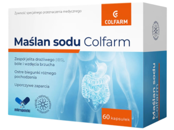 Zdjęcie przedstawia żywność specjalnego przeznaczenia medycznego Maślan sodu Colfarm, kapsułki twarde.