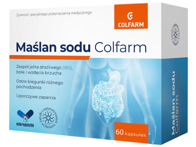 Zdjęcie przedstawia żywność specjalnego przeznaczenia medycznego Maślan sodu Colfarm, kapsułki twarde.