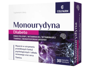 Zdjęcie przedstawia suplement diety Monourydyna Diabeto, kapsułki.
