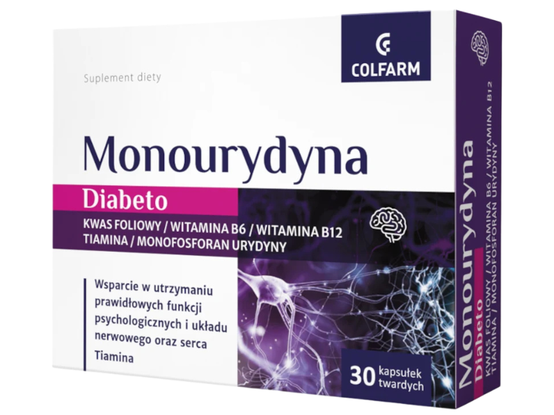 Zdjęcie przedstawia suplement diety Monourydyna Diabeto, kapsułki.