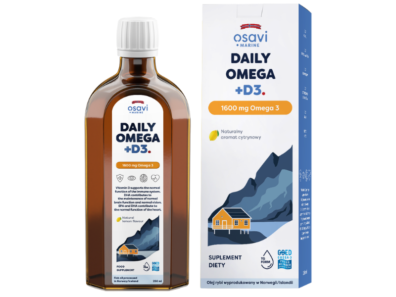 Zdjęcie przedstawia suplement diety OSAVI Marine Daily Omega + D3 Omega 3 - naturalny aromat cytrynowy, płyn doustny, 1600 mg.