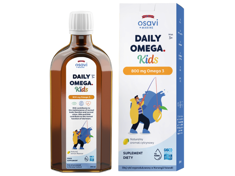 Zdjęcie przedstawia suplement diety OSAVI Marine Daily Omega Kids Omega 3 - naturalny aromat cytrynowy, płyn doustny, 800 mg.