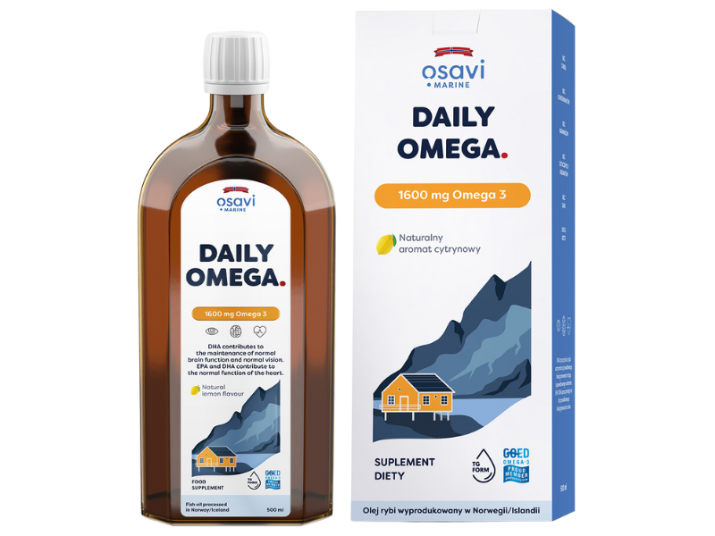 Zdjęcie przedstawia suplement diety OSAVI Marine Daily Omega Omega 3 - naturalny aromat cytrynowy, płyn doustny, 1600 mg.