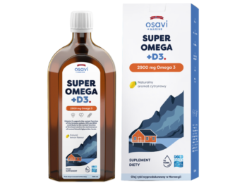 Zdjęcie przedstawia suplement diety OSAVI Marine Super Omega + D3 Omega 3 - naturalny aromat cytrynowy, płyn doustny, 2900 mg.