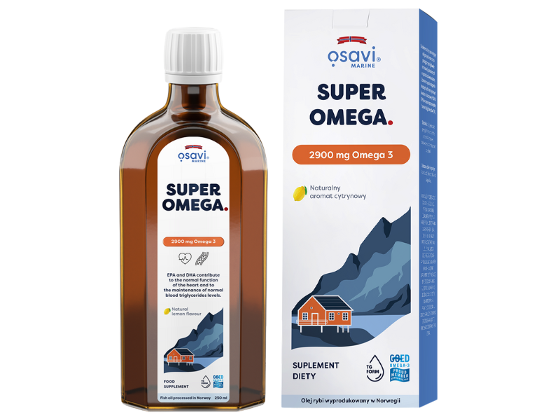 Zdjęcie przedstawia suplement diety OSAVI Marine Super Omega Omega 3 - naturalny aromat cytrynowy, płyn doustny, 2900 mg.
