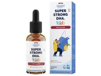 Zdjęcie przedstawia suplement diety OSAVI Marine Super Strong DHA Kids - naturalny aromat cytrynowy, płyn doustny, 640 mg DHA.