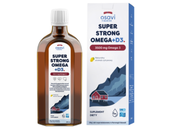 Zdjęcie przedstawia suplement diety OSAVI Marine Super Strong Omega + D3 Omega 3 - naturalny aromat cytrynowy, płyn doustny, 3500 mg.