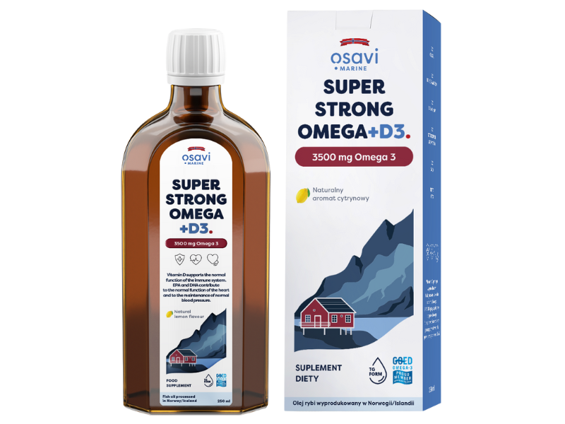 Zdjęcie przedstawia suplement diety OSAVI Marine Super Strong Omega + D3 Omega 3 - naturalny aromat cytrynowy, płyn doustny, 3500 mg.
