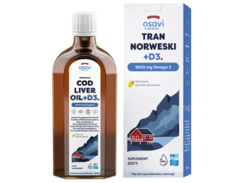 Zdjęcie przedstawia suplement diety OSAVI Marine Tran Norweski + D3 Omega 3 - naturalny aromat cytrynowy, płyn doustny, 1000 mg.