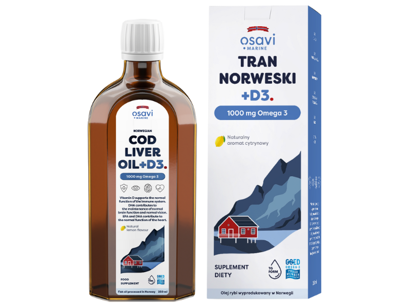 Zdjęcie przedstawia suplement diety OSAVI Marine Tran Norweski + D3 Omega 3 - naturalny aromat cytrynowy, płyn doustny, 1000 mg.