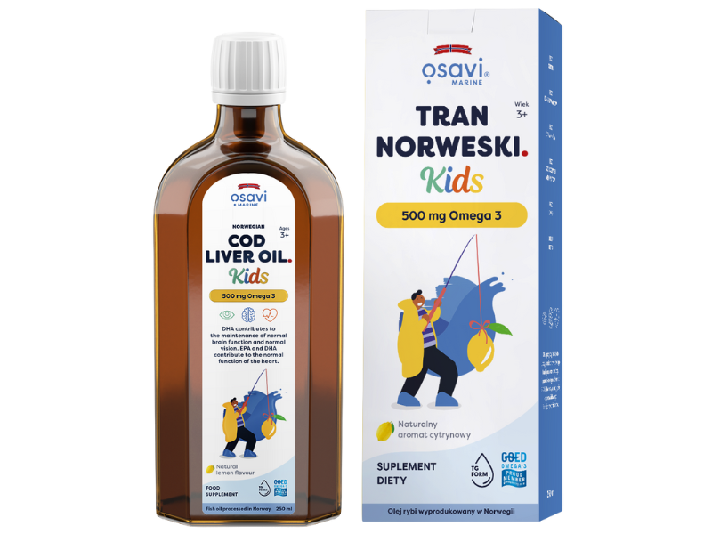 Zdjęcie przedstawia suplement diety OSAVI Marine Tran Norweski Kids Omega 3 - naturalny aromat cytrynowy, płyn doustny, 500 mg.
