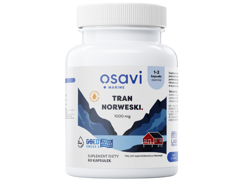 Zdjęcie przedstawia suplement diety OSAVI Marine Tran Norweski, kapsułki, 1000 mg - smak cytrynowy.