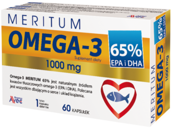 Zdjęcie przedstawia suplement diety Omega-3 MERITUM 65%, kapsułki.