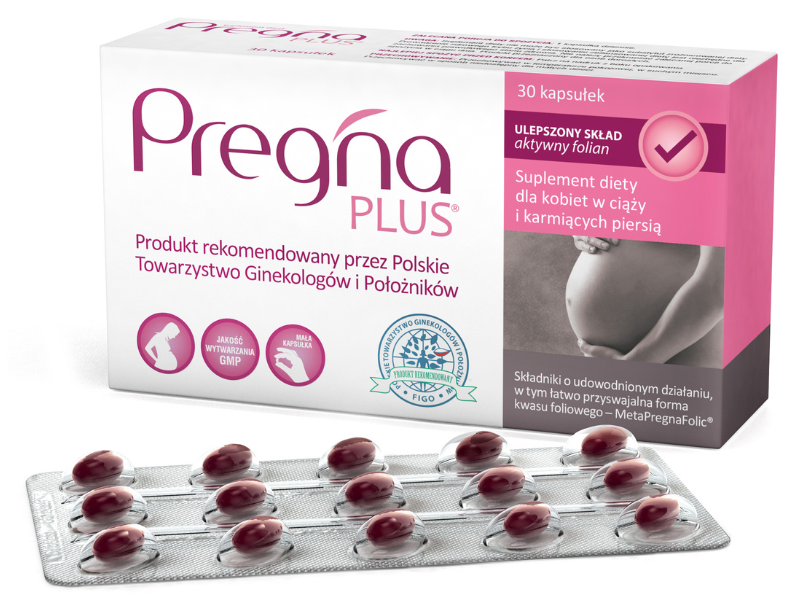 Zdjęcie przedstawia suplement diety Pregna PLUS, kapsułki.